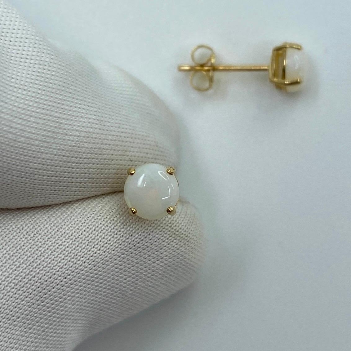 Round Cut Natural White Opal Round Cabochon 9 Karat Yellow Gold Earring Studs For Sale