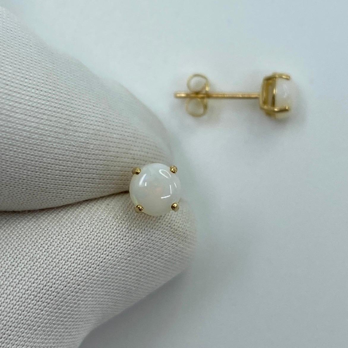 Women's or Men's Natural White Opal Round Cabochon 9 Karat Yellow Gold Earring Studs