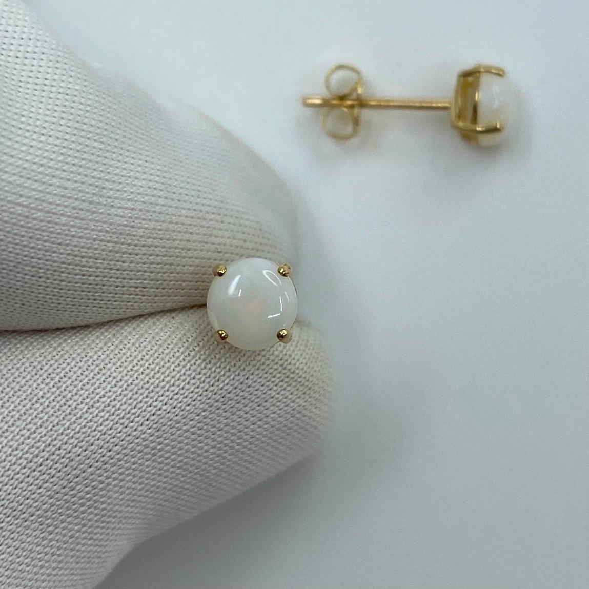 Natural White Opal Round Cabochon 9 Karat Yellow Gold Earring Studs 1