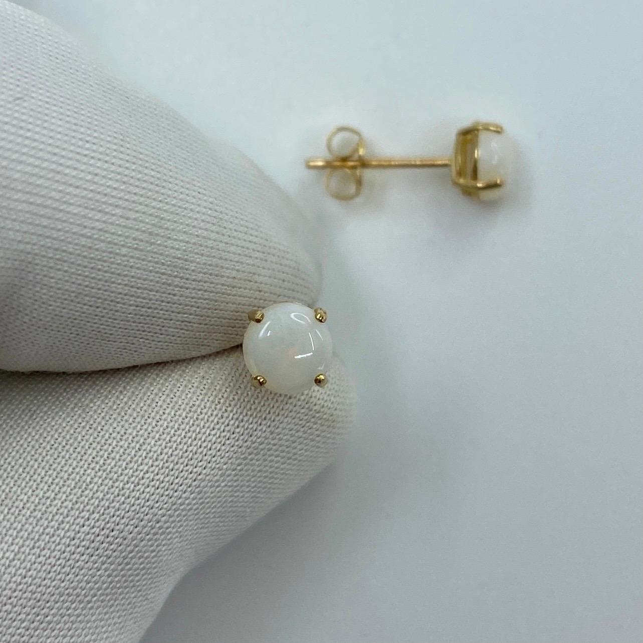 Natural White Opal Round Cabochon 9 Karat Yellow Gold Earring Studs 3