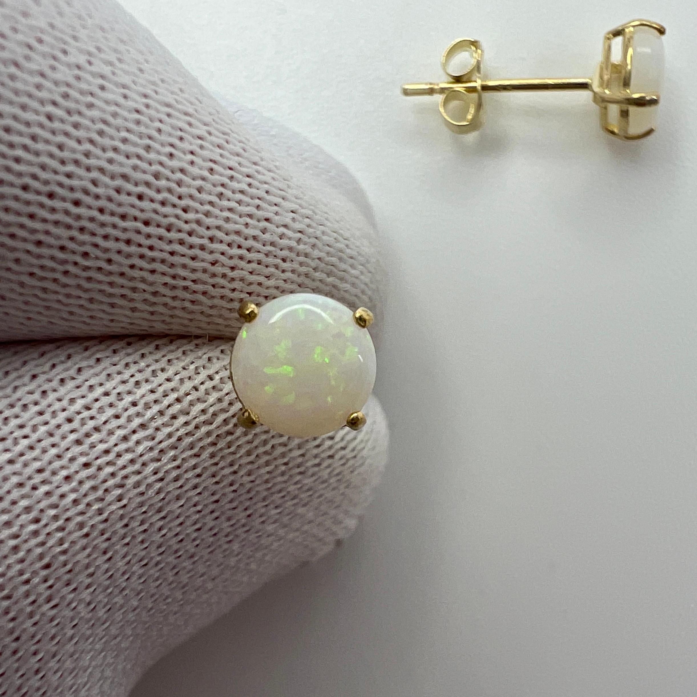 Natural White Opal Round Cabochon 9k Yellow Gold Stud Earrings For Sale 1