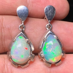 Natural White Opal Stud Earrings in 925 Silver – Handmade with Play of Color