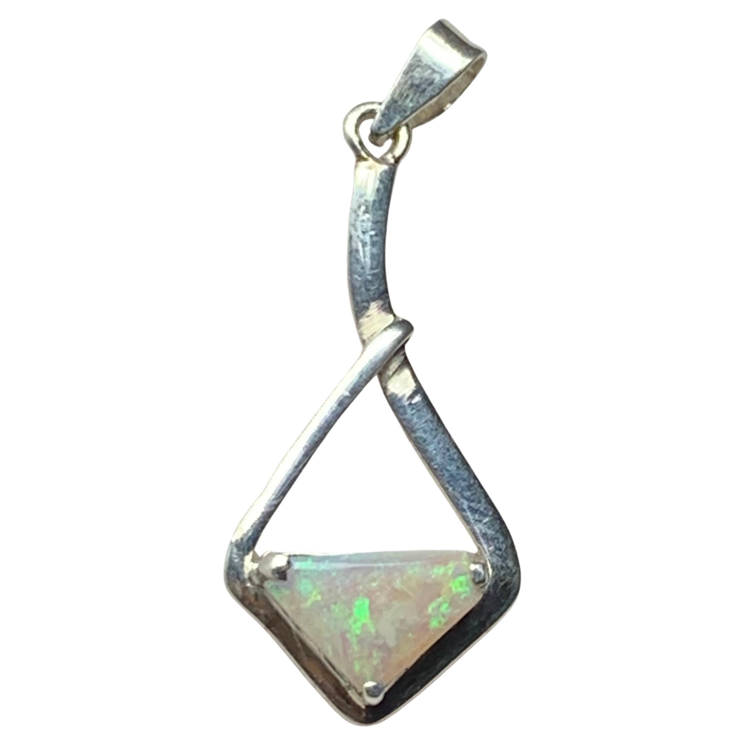 Natural White Opal Trillion Cut Pendant in 925 Sterling Silver, Handmade Jewelry For Sale