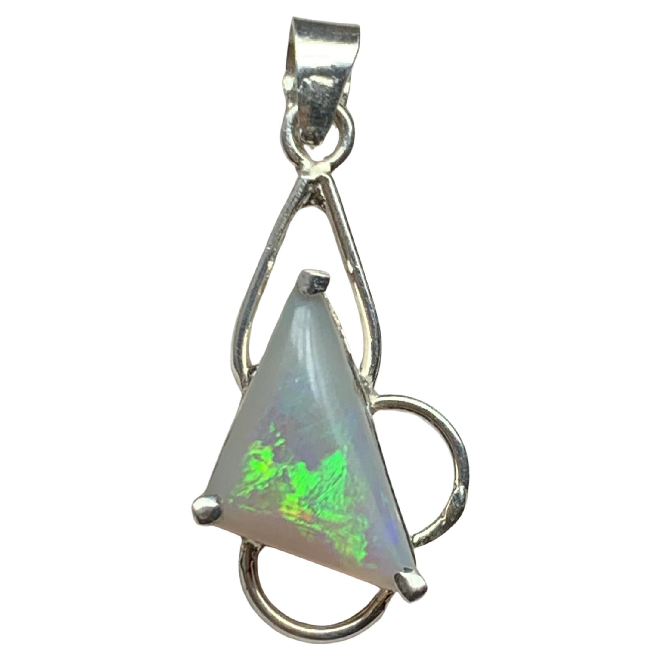 Natural White Opal Trillion Cut Pendant in 925 Sterling Silver, Handmade Jewelry For Sale