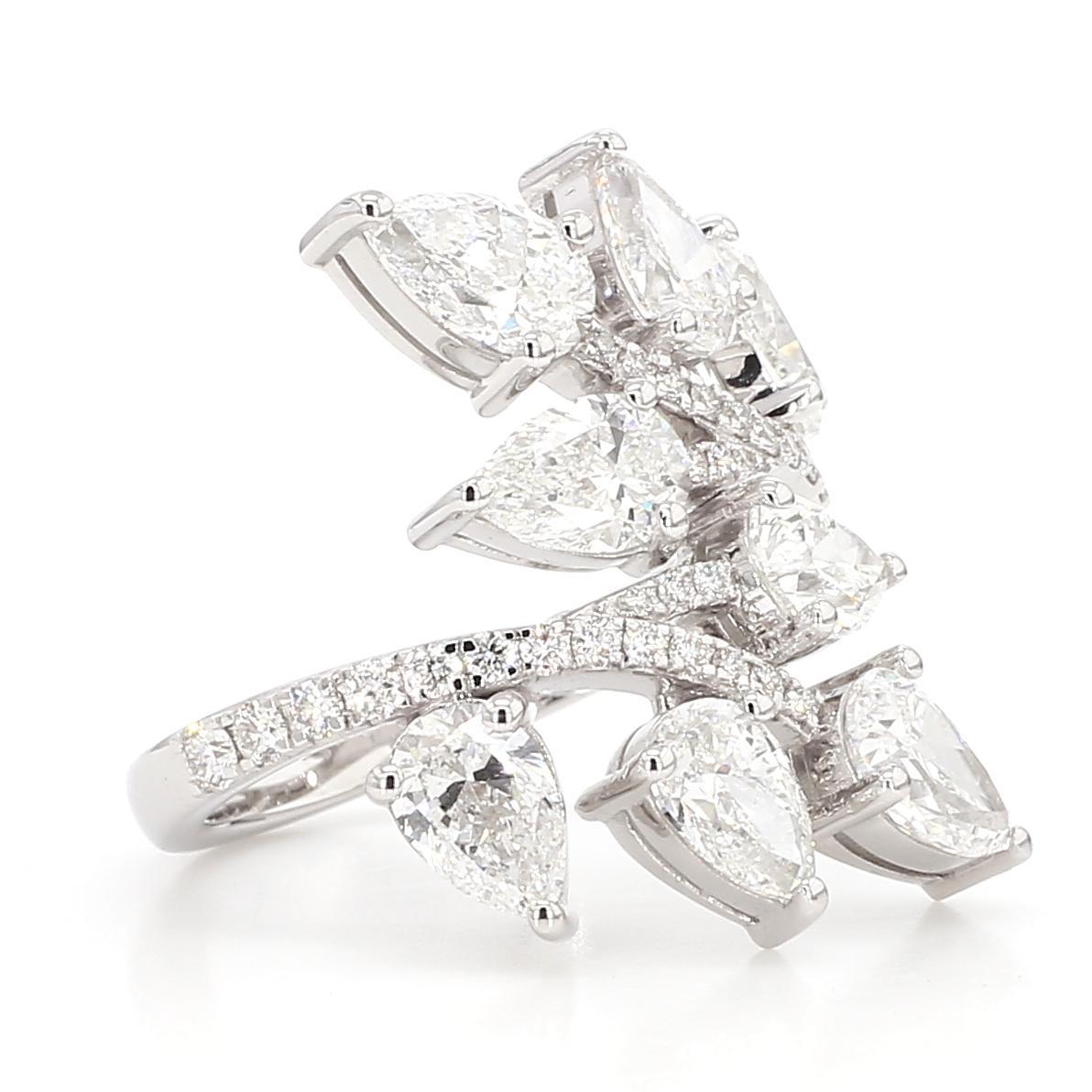 Pear Cut Natural White Pear Diamond 4.39 Carat TW White Gold Cocktail Ring For Sale