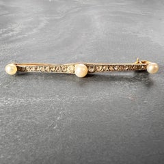 Natural White Pearl and Diamond 18K Yellow Gold Bar Brooch