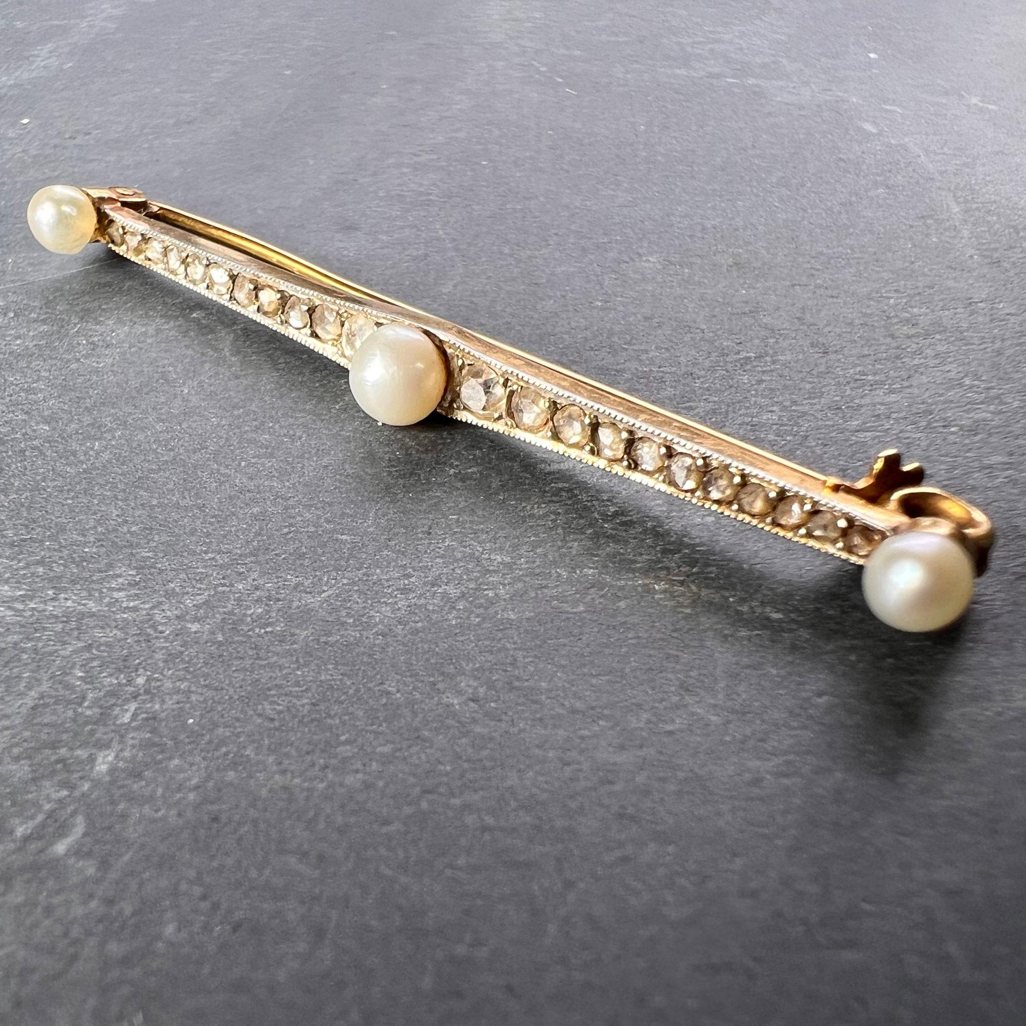 Women's or Men's Natural White Pearl and Diamond 18K Yellow Gold Bar Brooch For Sale
