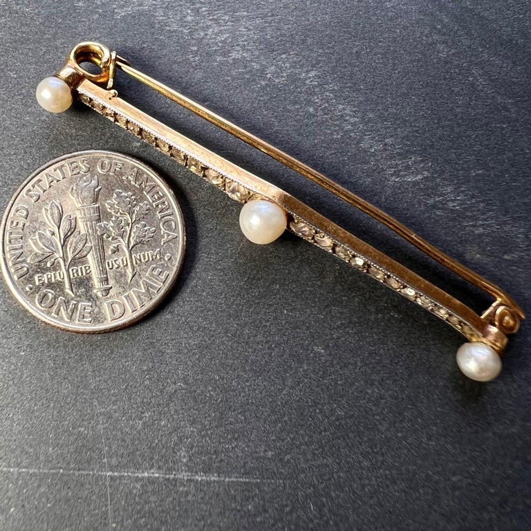 Natural White Pearl and Diamond 18K Yellow Gold Bar Brooch For Sale 2