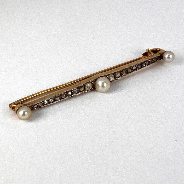 Natural White Pearl and Diamond 18K Yellow Gold Bar Brooch For Sale 4