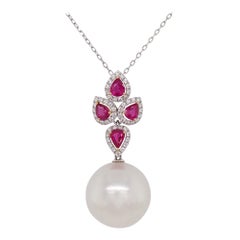 Natural White Pearl Ruby White Diamond 18K Gold Pendant Necklace