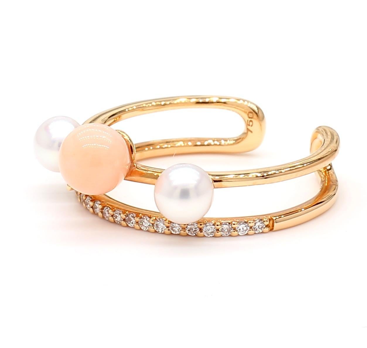 RareGemWorld's classic fashion ring. Mounted in a beautiful 18K Rose Gold setting with natural white pearl, pink corralium secundum, and natural round white diamond melee. This ring is guaranteed to impress and enhance your personal