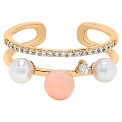 Bague de mode en or rose avec perle blanche naturelle et diamant blanc de 0,55 carat TW