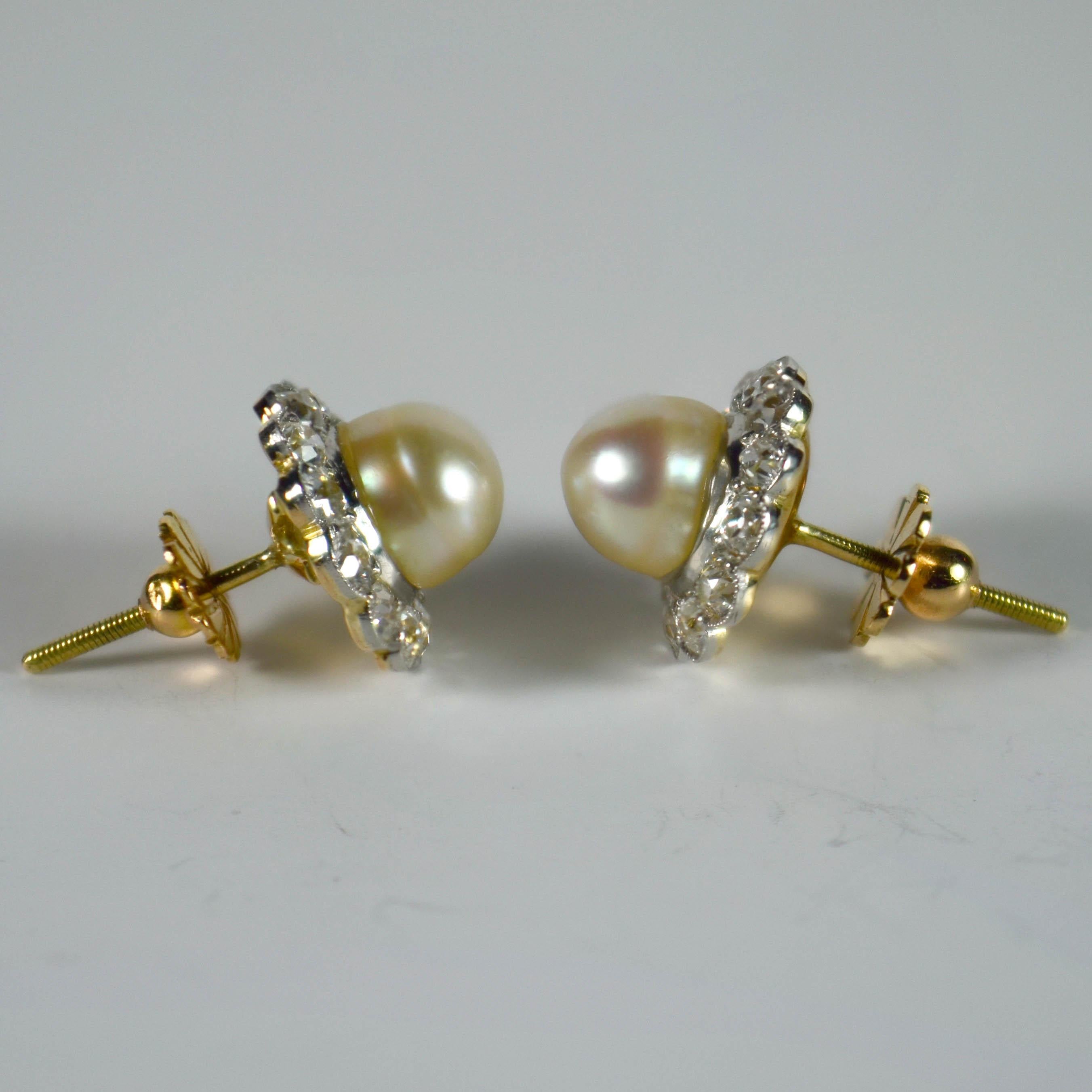 Old European Cut Natural White Pearl Diamond Cluster Stud Earrings