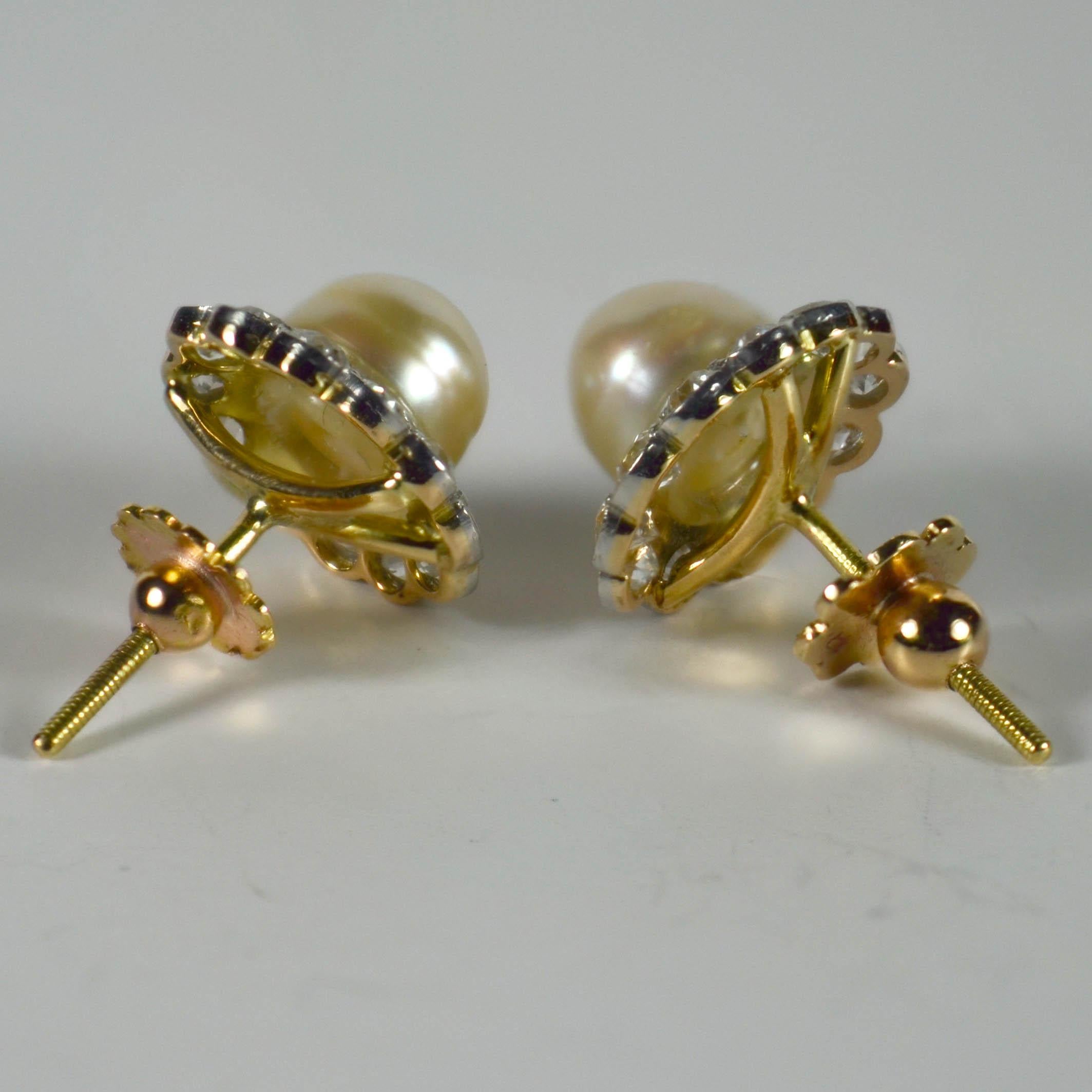 Natural White Pearl Diamond Cluster Stud Earrings In Good Condition In London, GB