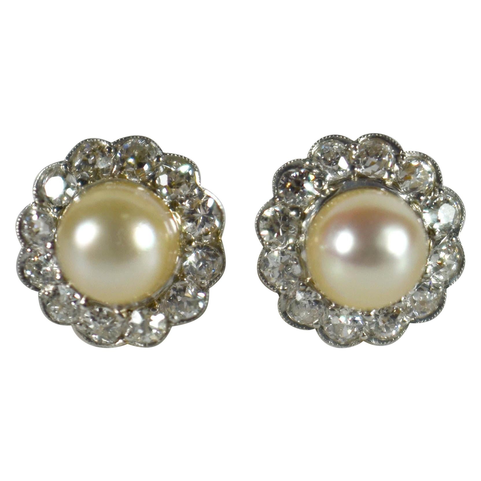 Natural White Pearl Diamond Cluster Stud Earrings