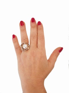Bague en perles blanches naturelles et diamants en bronze