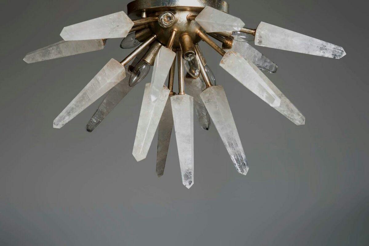 Natural white quartz pendant lamp by Aver
Dimensions: Ø 80 cm
Lighting: 12 x E14 40W
Rock crystal: White quartz
Possible finishes: Silver leaf, old silver leaf, gold leaf, old gold leaf, copper leaf, rusty, pink golf, brass.

This is our fabulous