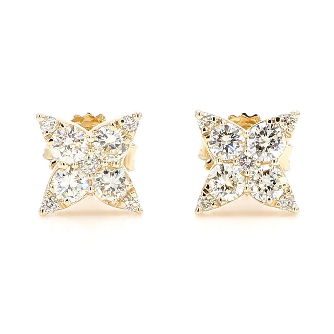 Taille ronde Clous d'oreilles en or jaune avec diamants ronds blancs naturels de 0.87 carat poids total en vente