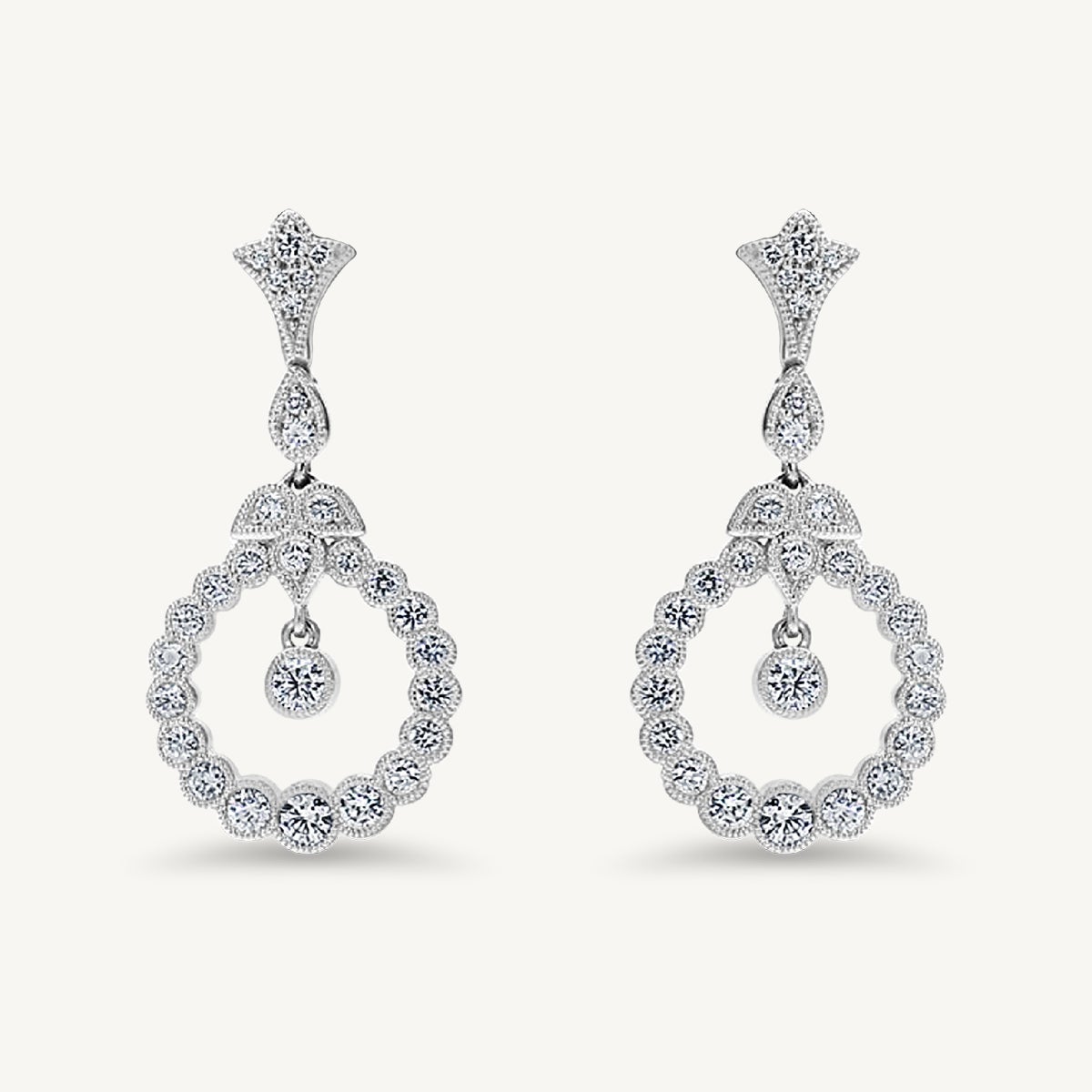 Natural White Round Diamond 1.12 Carat TW White Gold Drop Earrings