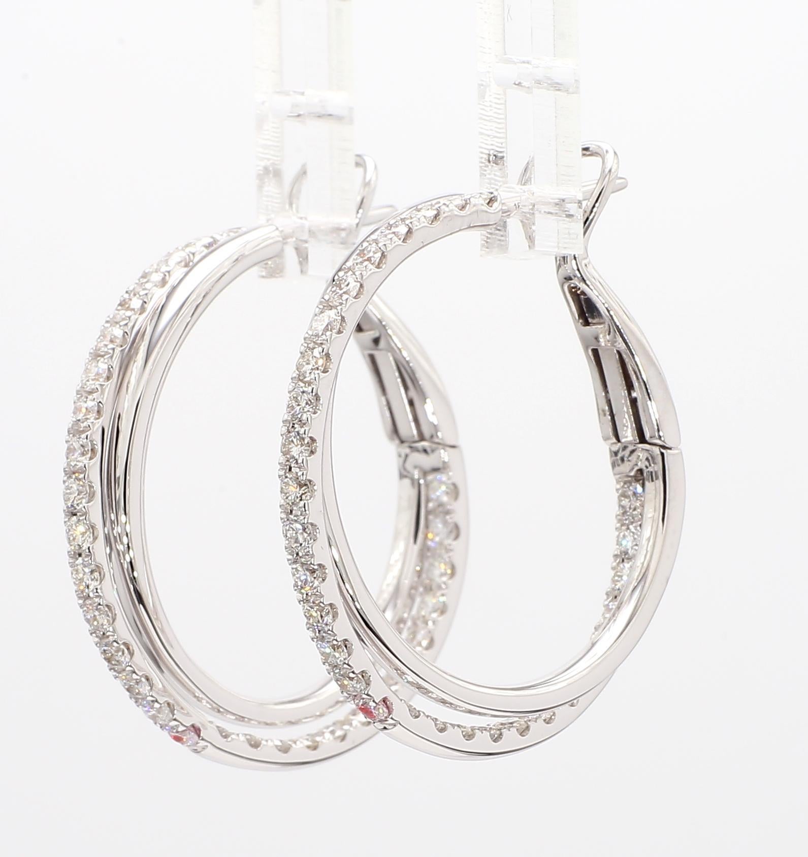 Contemporary Natural White Round Diamond 1.45 Carat TW White Gold Loop Earrings For Sale