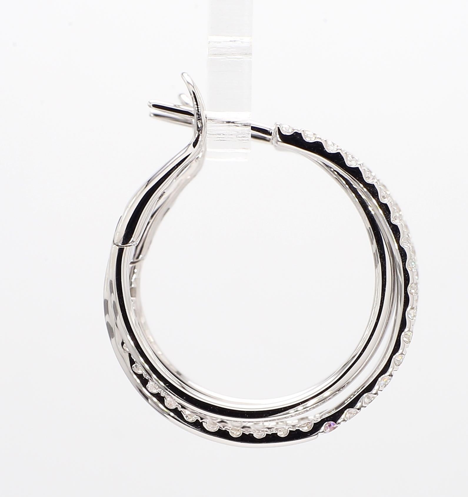 Round Cut Natural White Round Diamond 1.45 Carat TW White Gold Loop Earrings For Sale