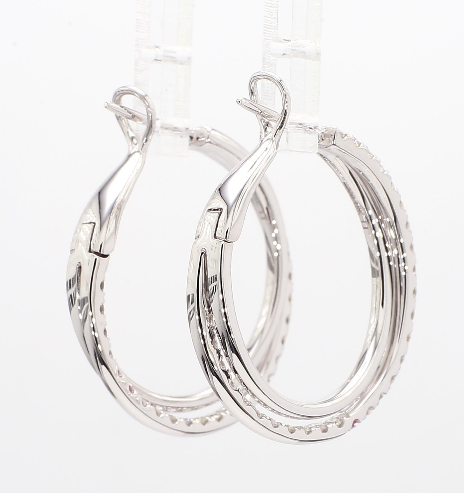Natural White Round Diamond 1.45 Carat TW White Gold Loop Earrings For Sale 1