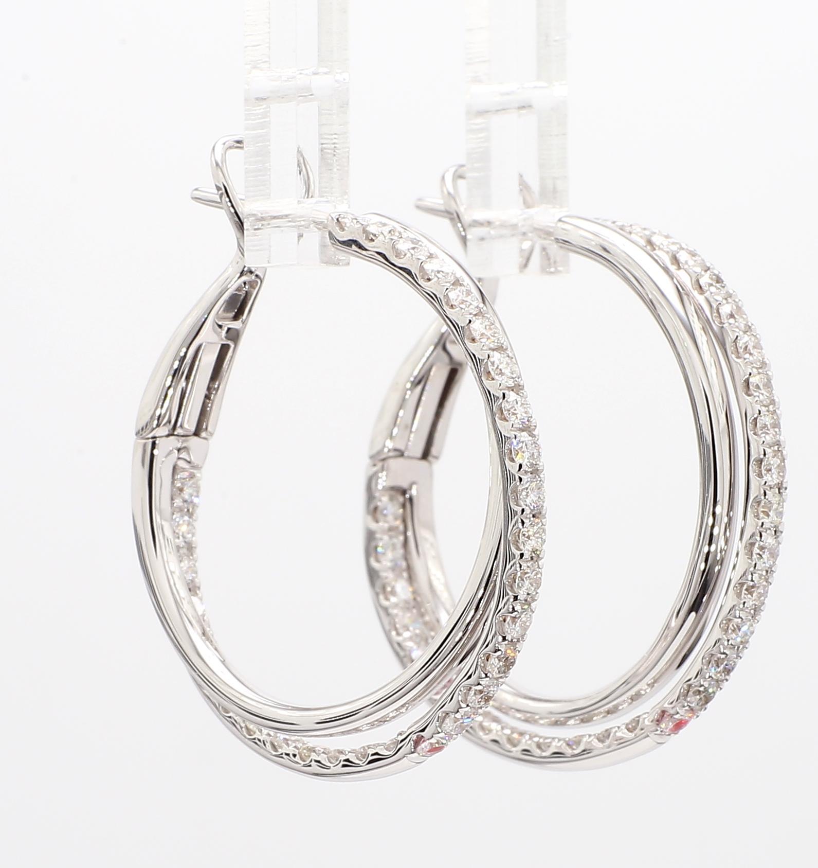 Natural White Round Diamond 1.45 Carat TW White Gold Loop Earrings For Sale 3