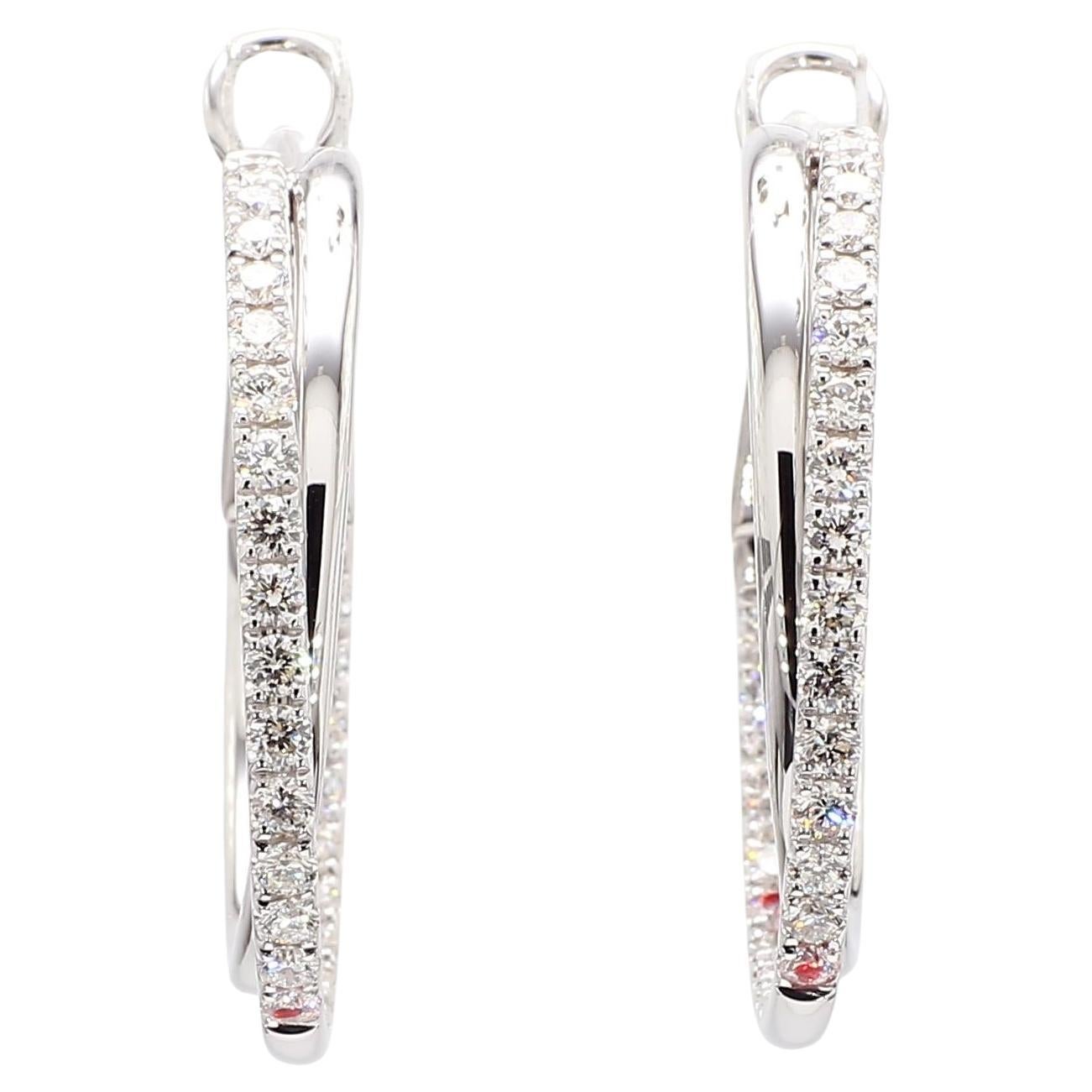 Natural White Round Diamond 1.45 Carat TW White Gold Loop Earrings For Sale