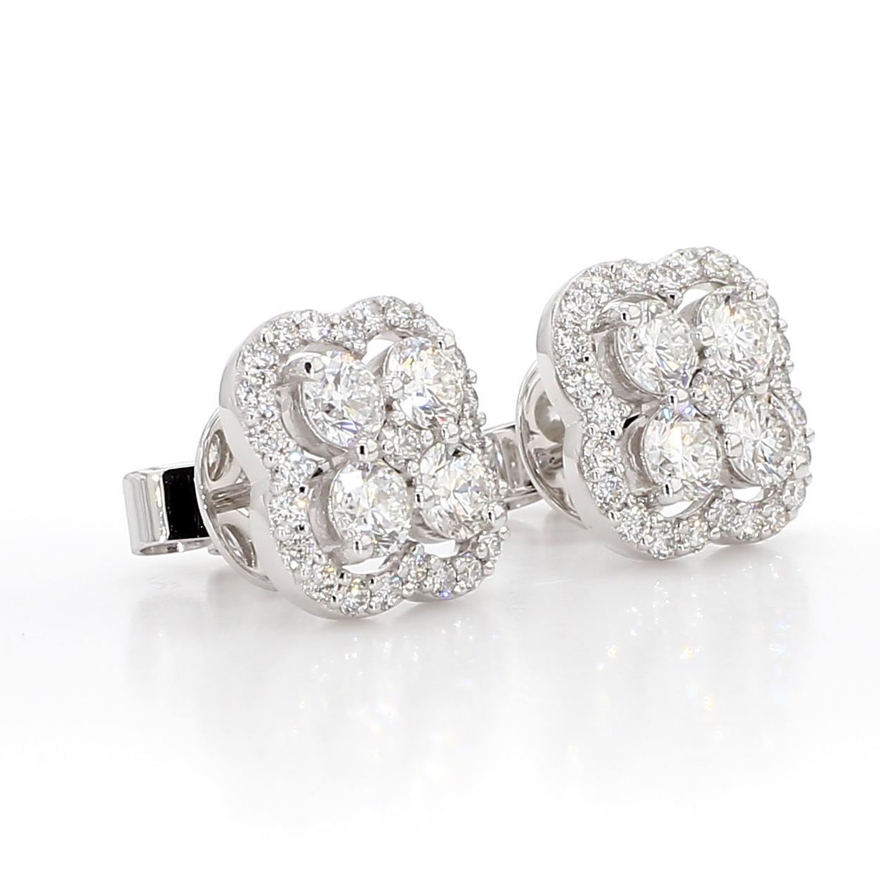 Round Cut Natural White Round Diamond 1.57 Carat TW White Gold Stud Earrings For Sale