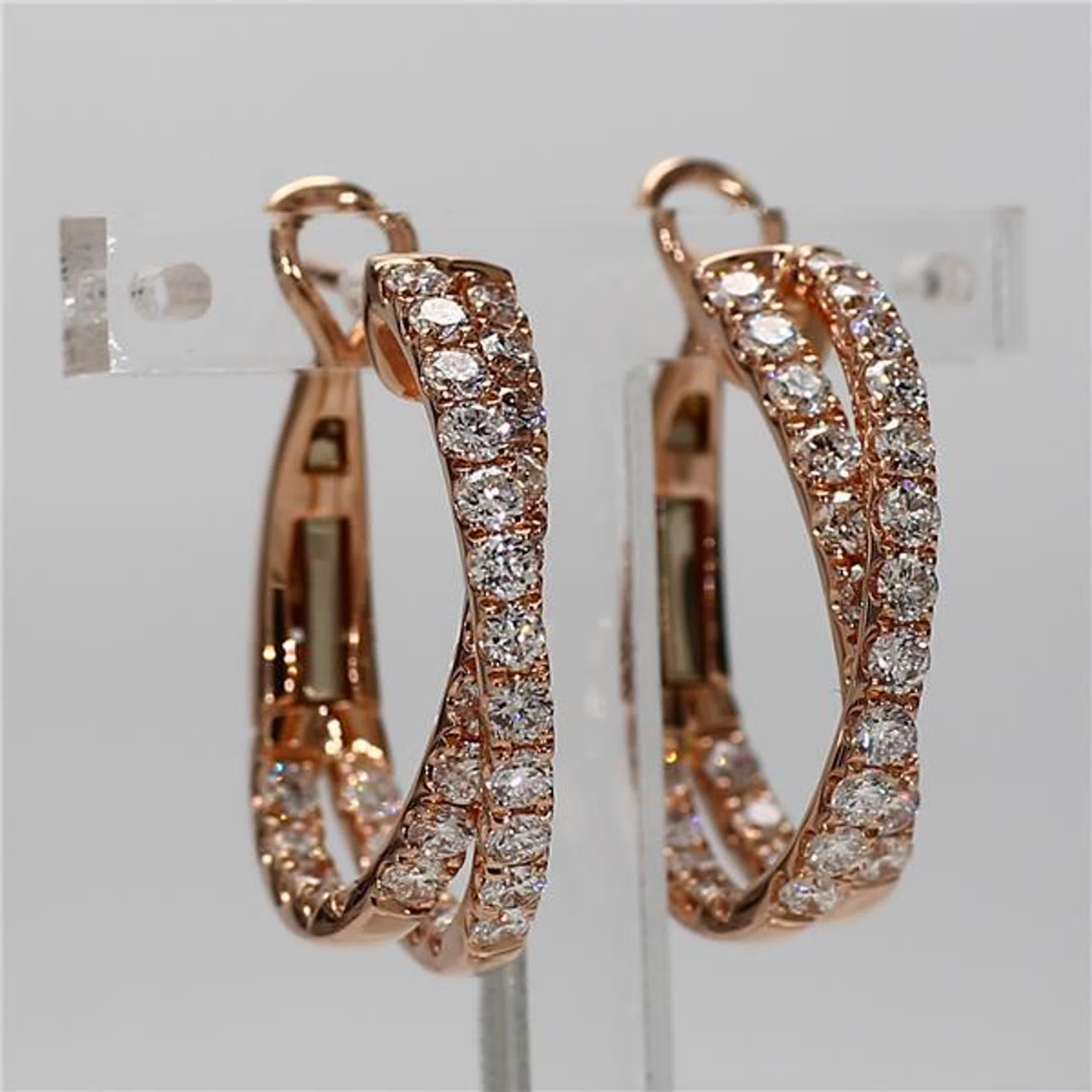 Natural White Round Diamond 1.66 Carat TW Rose Gold Hoop Earrings For Sale 1