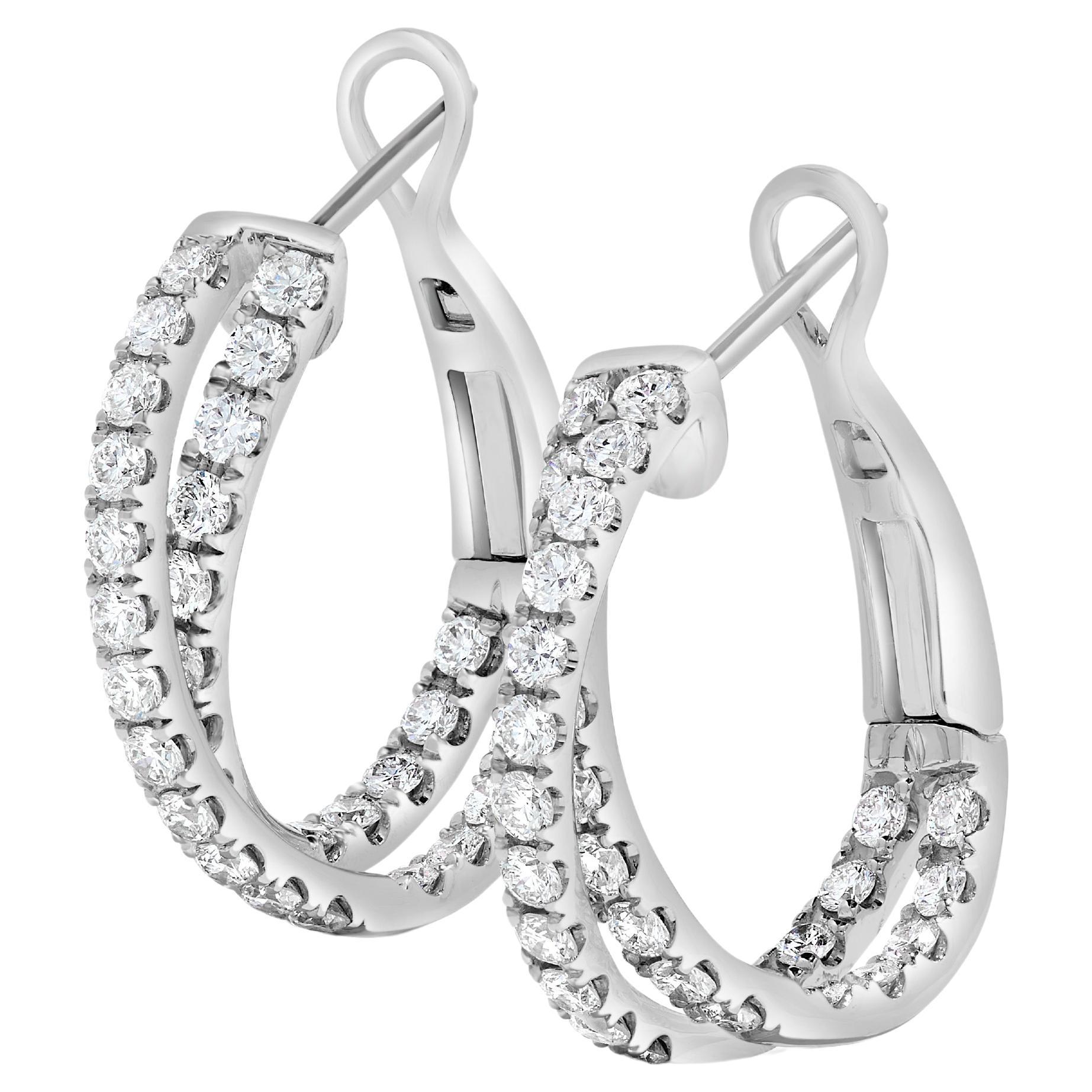 Natural White Round Diamond 1.66 Carat TW White Gold Hoop Earrings For Sale