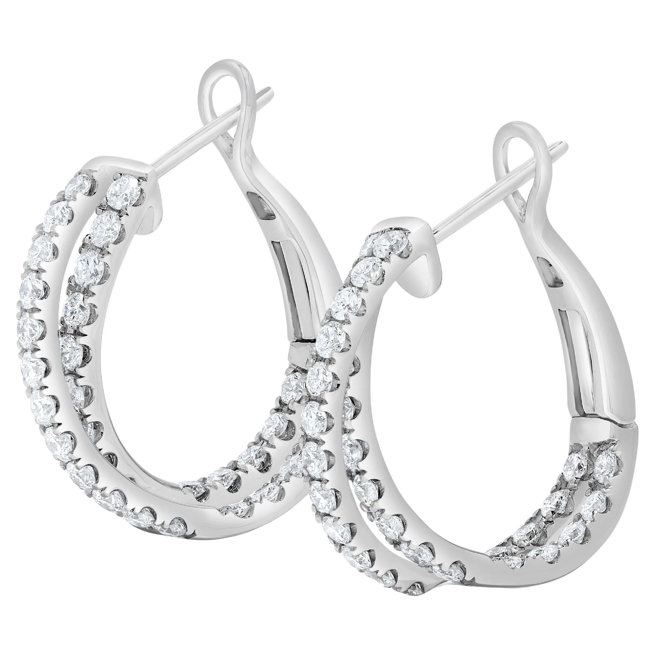 Natural White Round Diamond 1.66 Carat TW White Gold Hoop Earrings