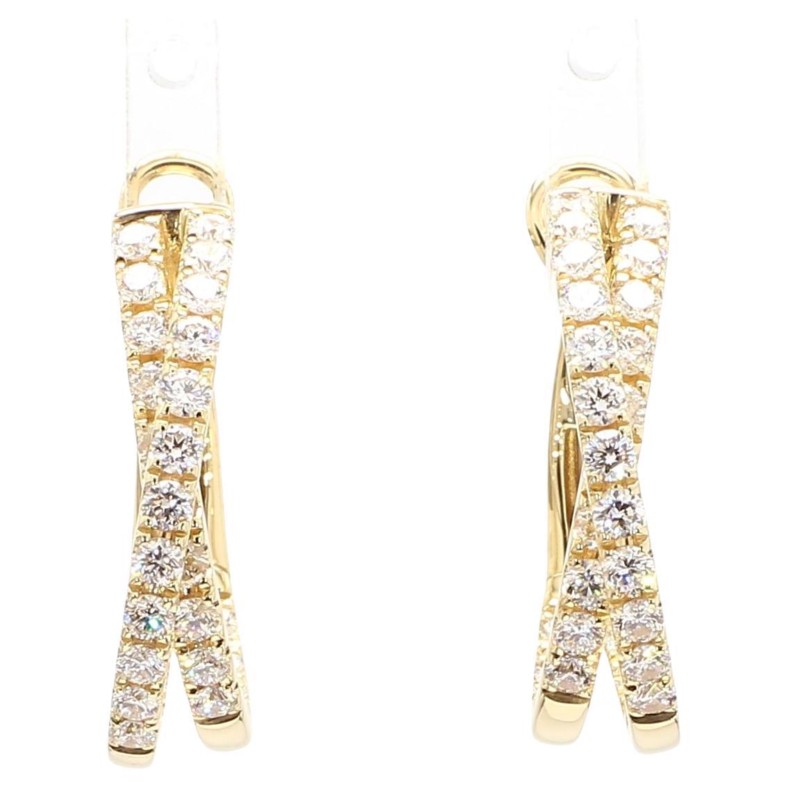 Natural White Round Diamond 1.66 Carat TW Yellow Gold Hoop Earrings
