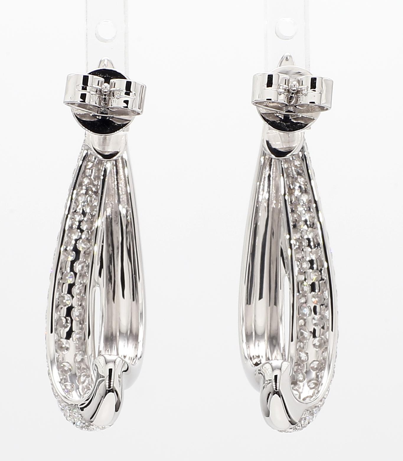 Natural White Round Diamond 2.02 Carat TW White Gold Loop Earrings In New Condition For Sale In New York, NY
