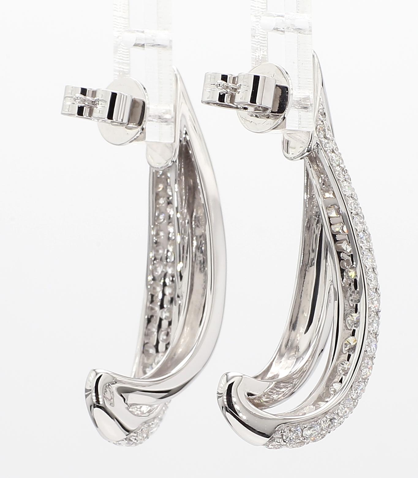 Women's Natural White Round Diamond 2.02 Carat TW White Gold Loop Earrings For Sale