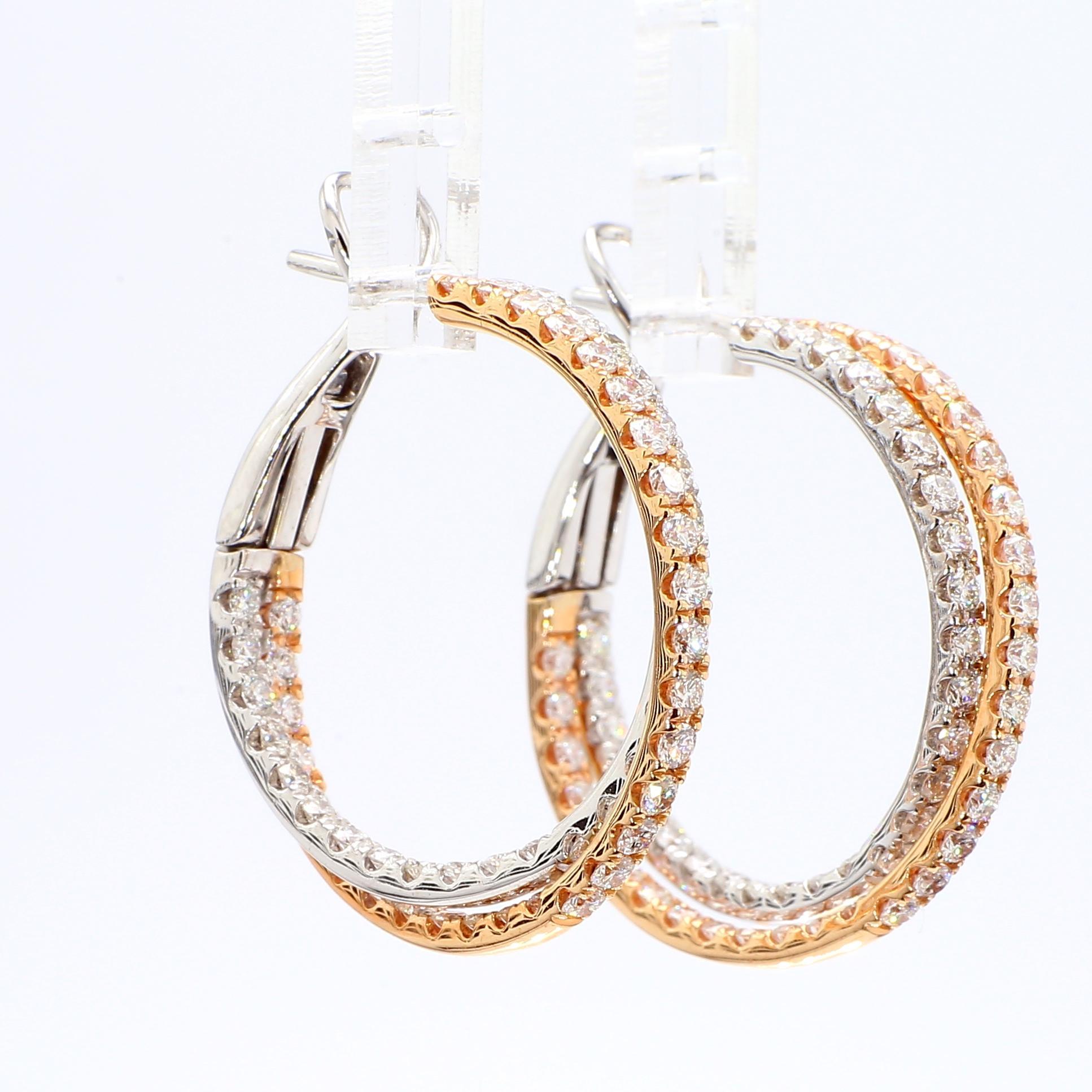 Taglio rotondo Orecchini a cerchio in oro rosa con diamante bianco naturale rotondo da 2.61 carati TW in vendita