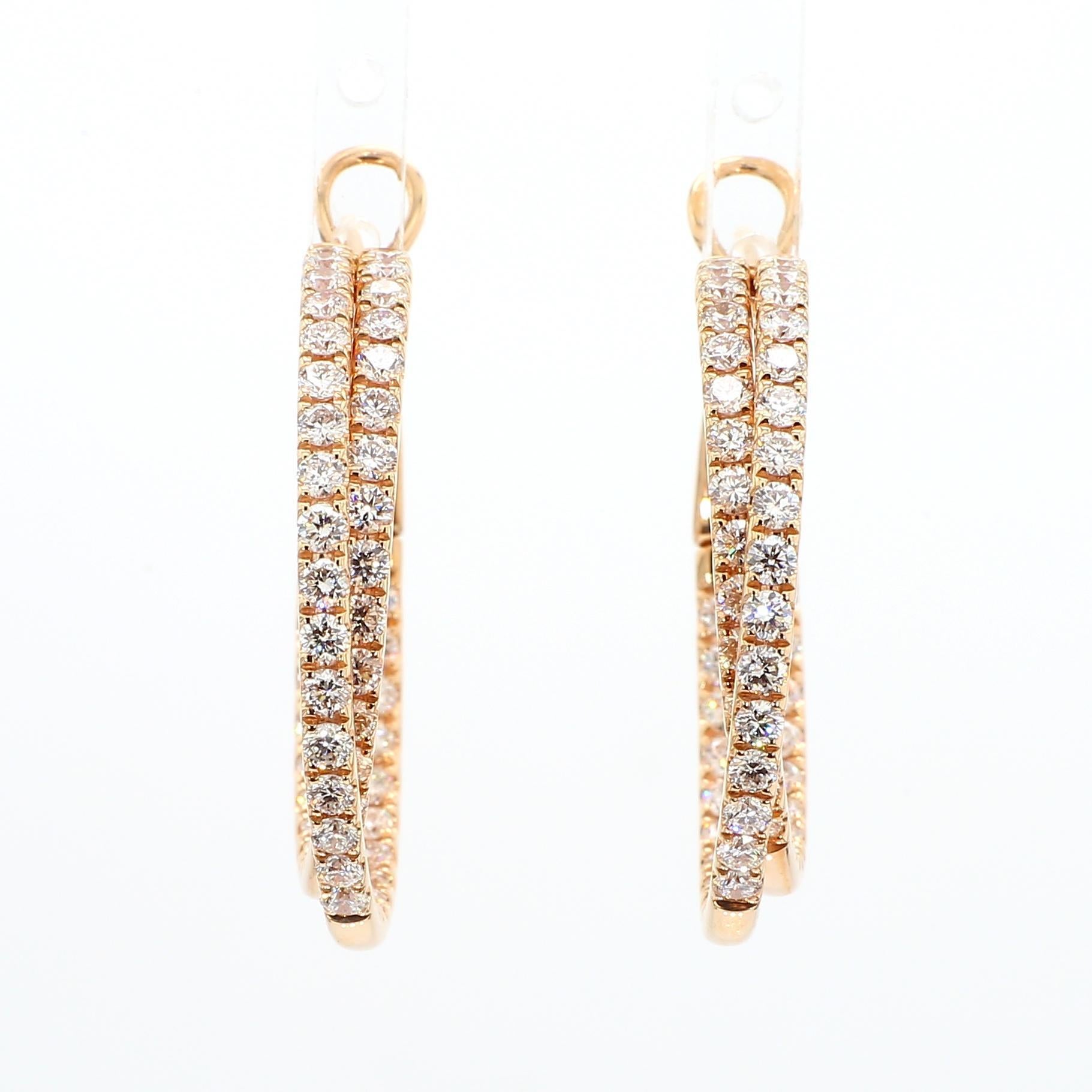 Contemporaneo Orecchini a cerchio in oro rosa con diamante bianco naturale rotondo da 2.62 carati TW in vendita