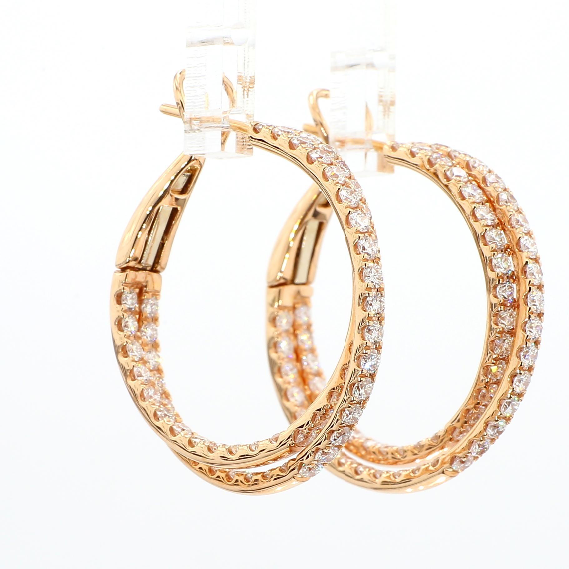 Taglio rotondo Orecchini a cerchio in oro rosa con diamante bianco naturale rotondo da 2.62 carati TW in vendita