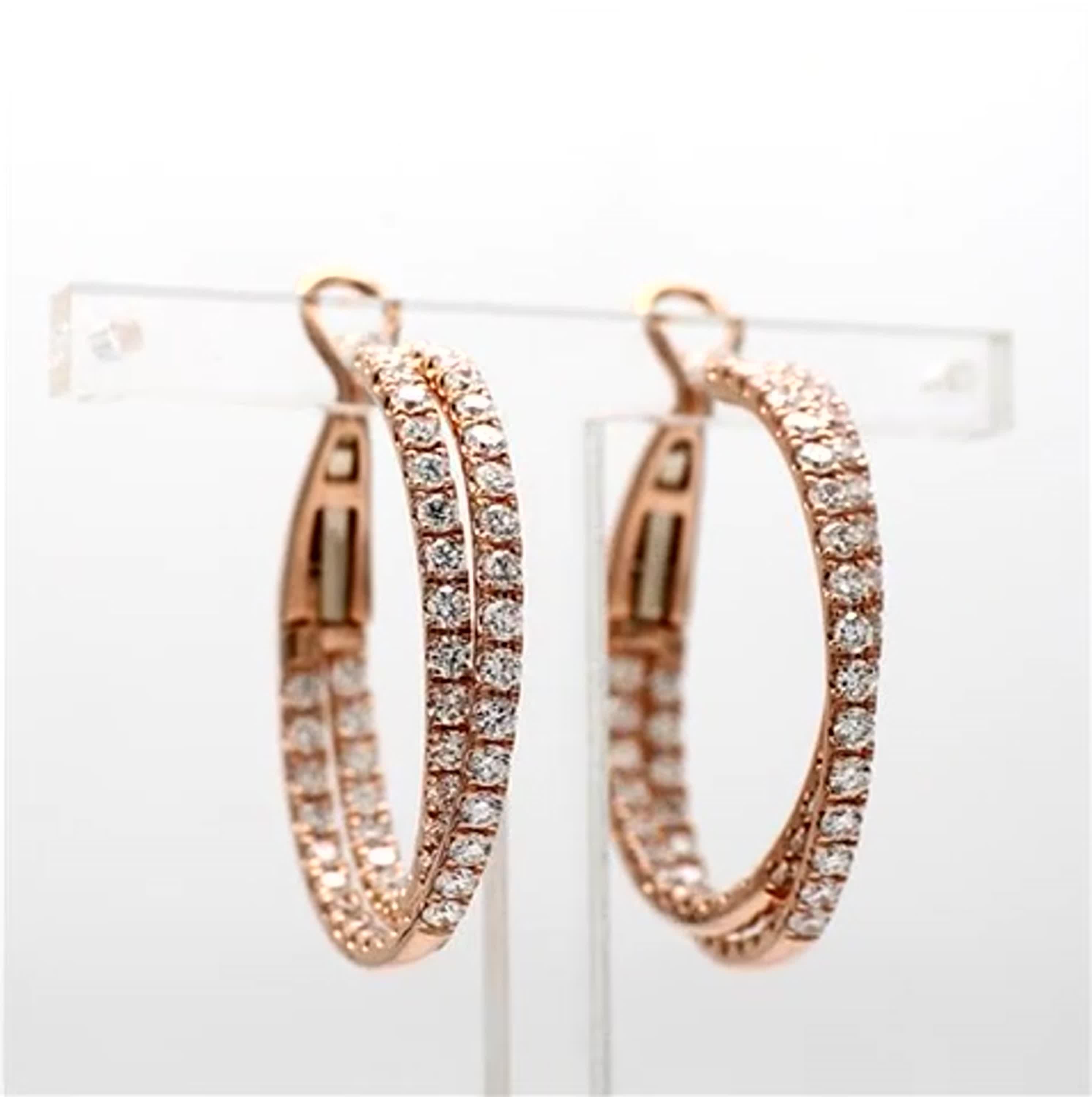 Women's Natural White Round Diamond 2.62 Carat TW Rose Gold Hoop Earrings For Sale