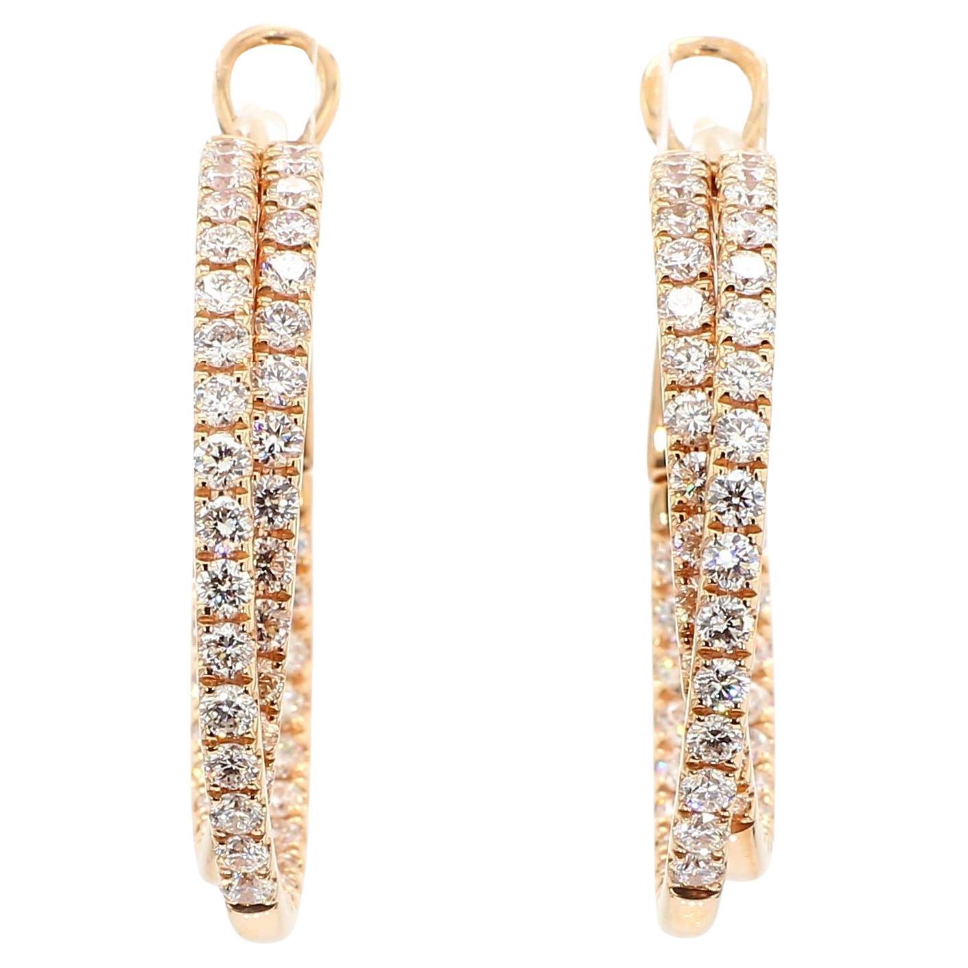 Pendientes de aro de oro rosa con diamante redondo blanco natural de 2.62 quilates TW