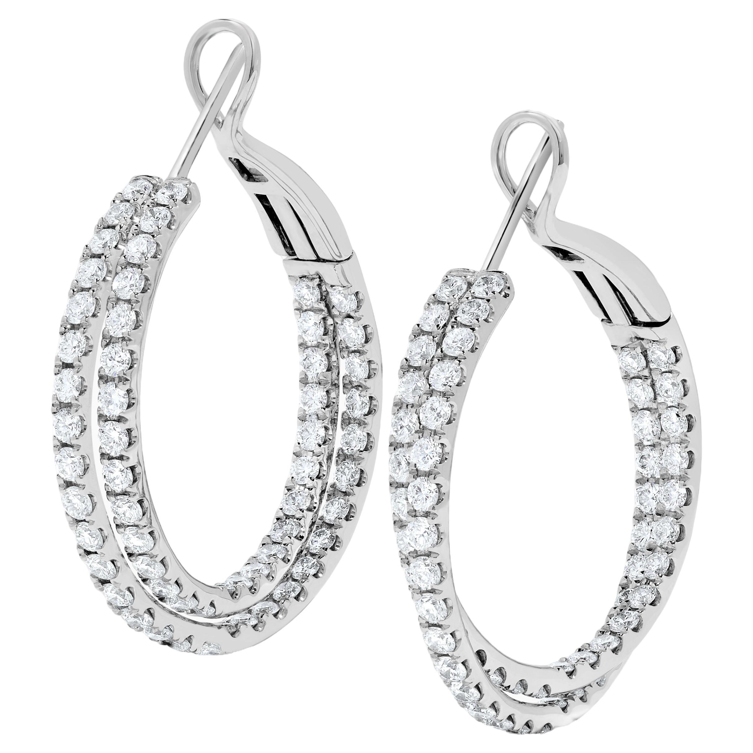 Natural White Round Diamond 2.62 Carat TW White Gold Hoop Earrings For Sale