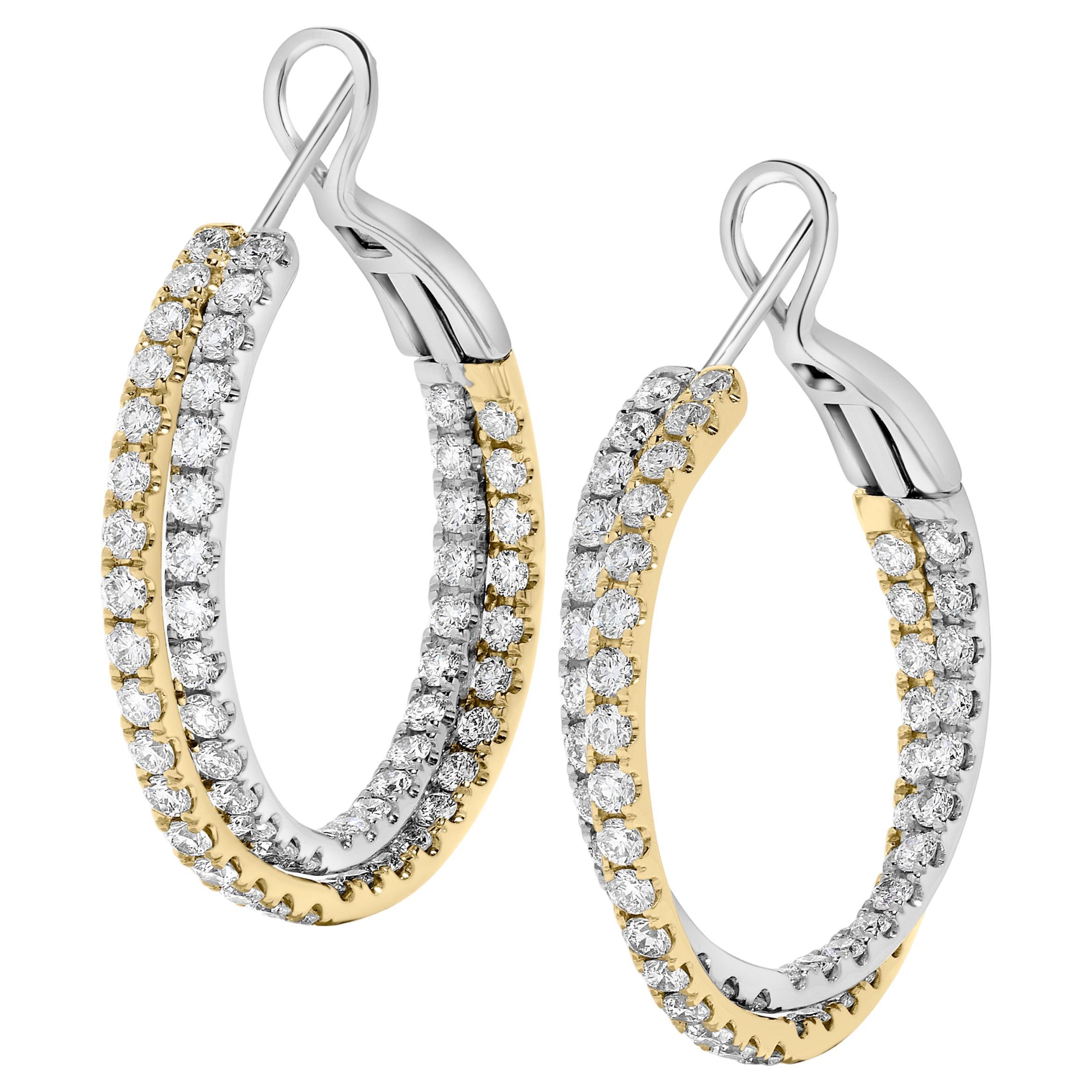 Natural White Round Diamond 2.76 Carat TW Gold Hoop Earrings For Sale