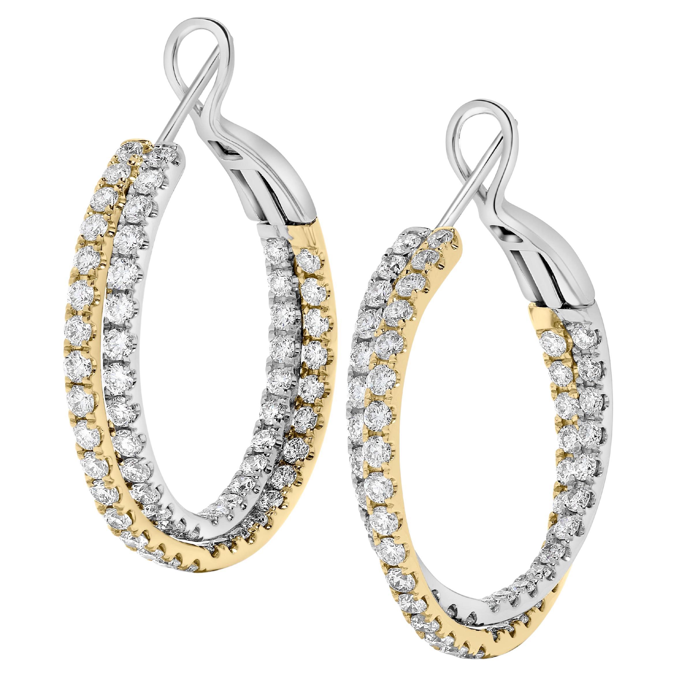 Natural White Round Diamond 2.76 Carat TW Gold Hoop Earrings
