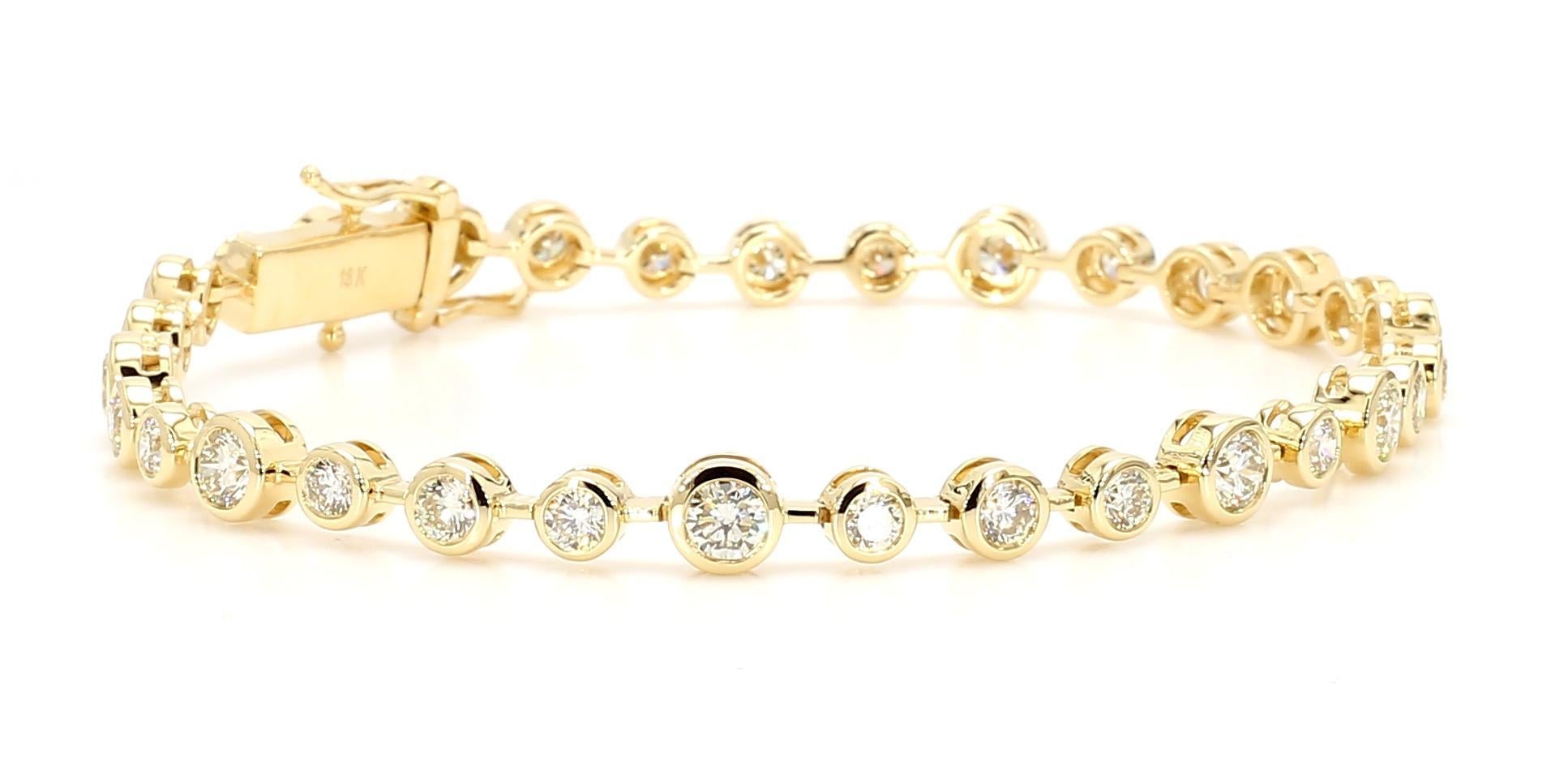 RareGemWorld's beautiful diamond bracelet. Mounted in a beautiful 18K Yellow Gold setting with round cut natural white diamonds. This bracelet is guaranteed to impress and enhance your personal collection.

Total Weight: 3.75cts

Natural Round White