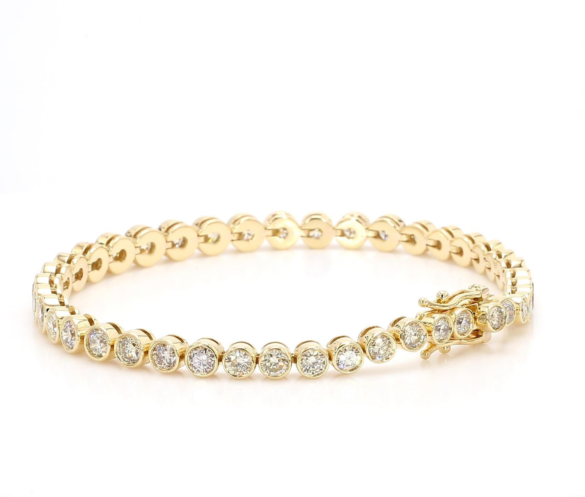 Round Cut Natural White Round Diamond 6.76 Carat TW Yellow Gold Tennis Bracelet For Sale