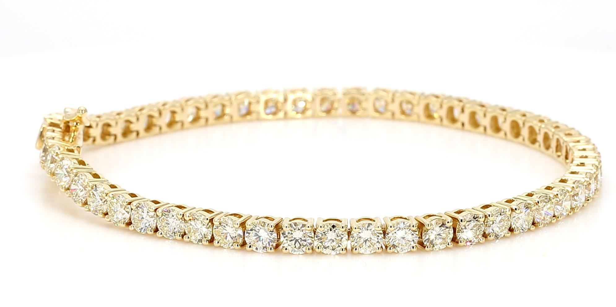 Diamante redondo blanco natural 7.50 quilates TW Pulsera de tenis de oro amarillo en venta 1
