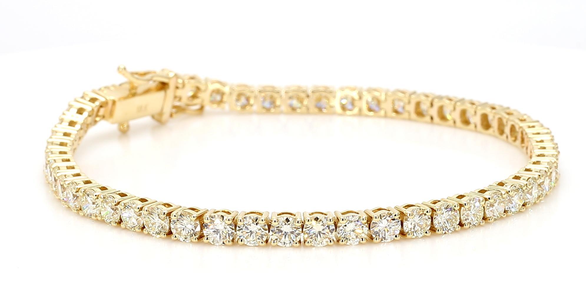 Diamante redondo blanco natural 7.50 quilates TW Pulsera de tenis de oro amarillo en venta 2