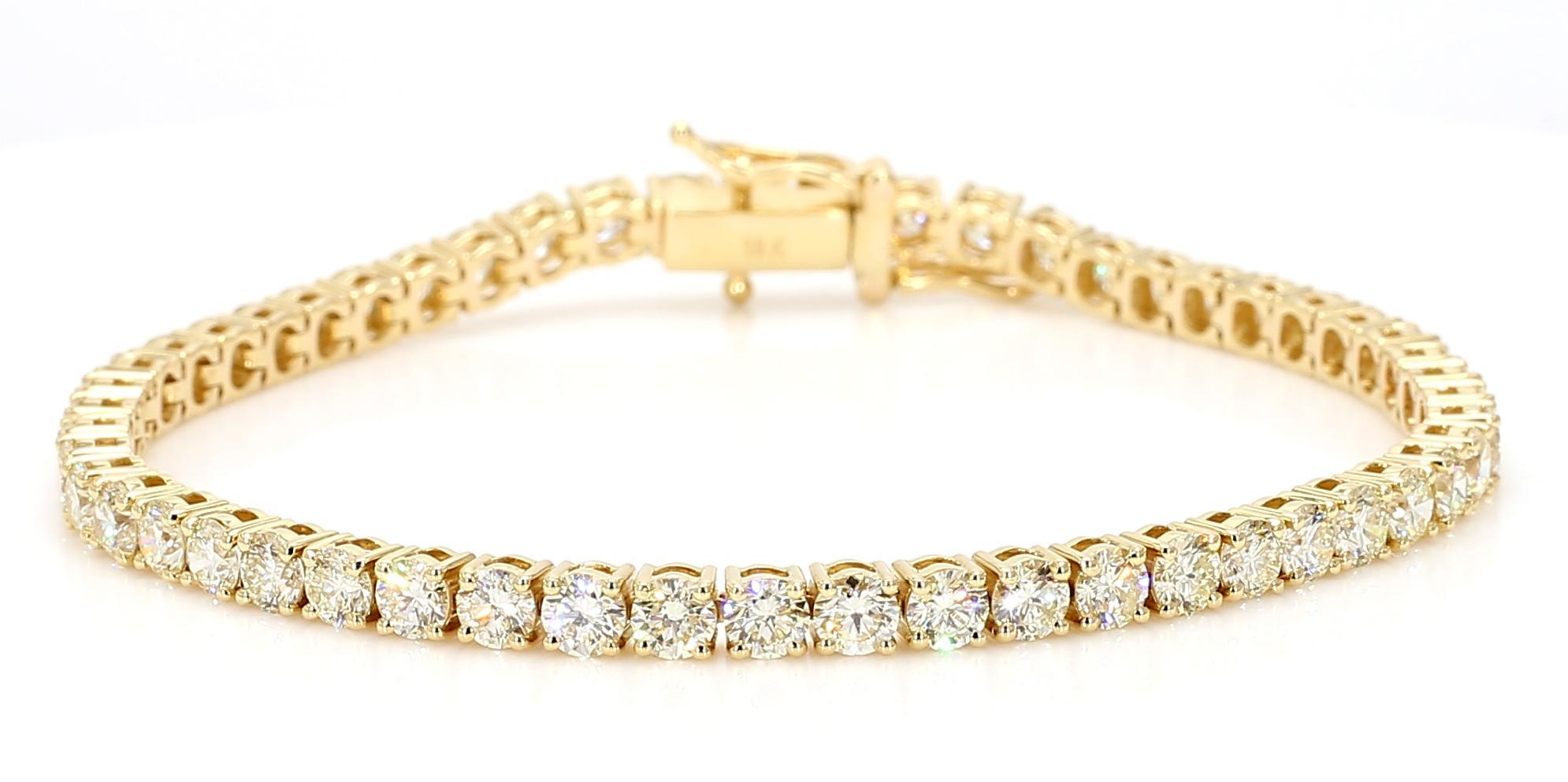 Diamante redondo blanco natural 7.50 quilates TW Pulsera de tenis de oro amarillo en venta 3