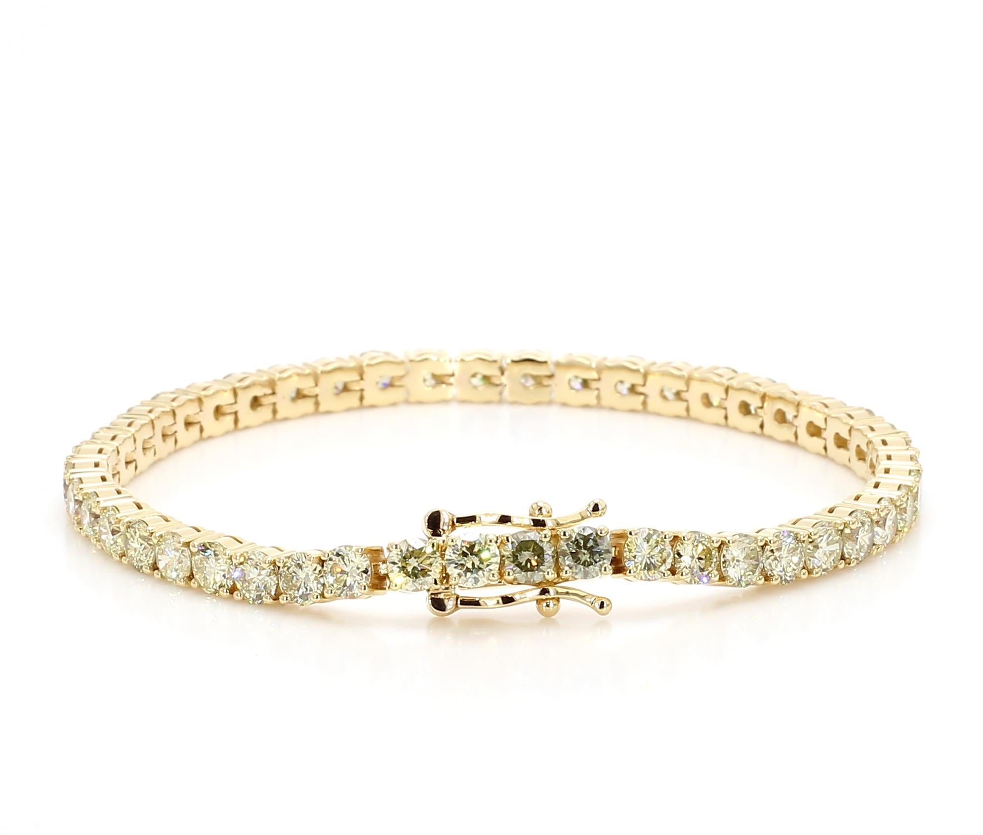 Contemporary Natural White Round Diamond 8.94 Carat TW Yellow Gold Tennis Bracelet For Sale