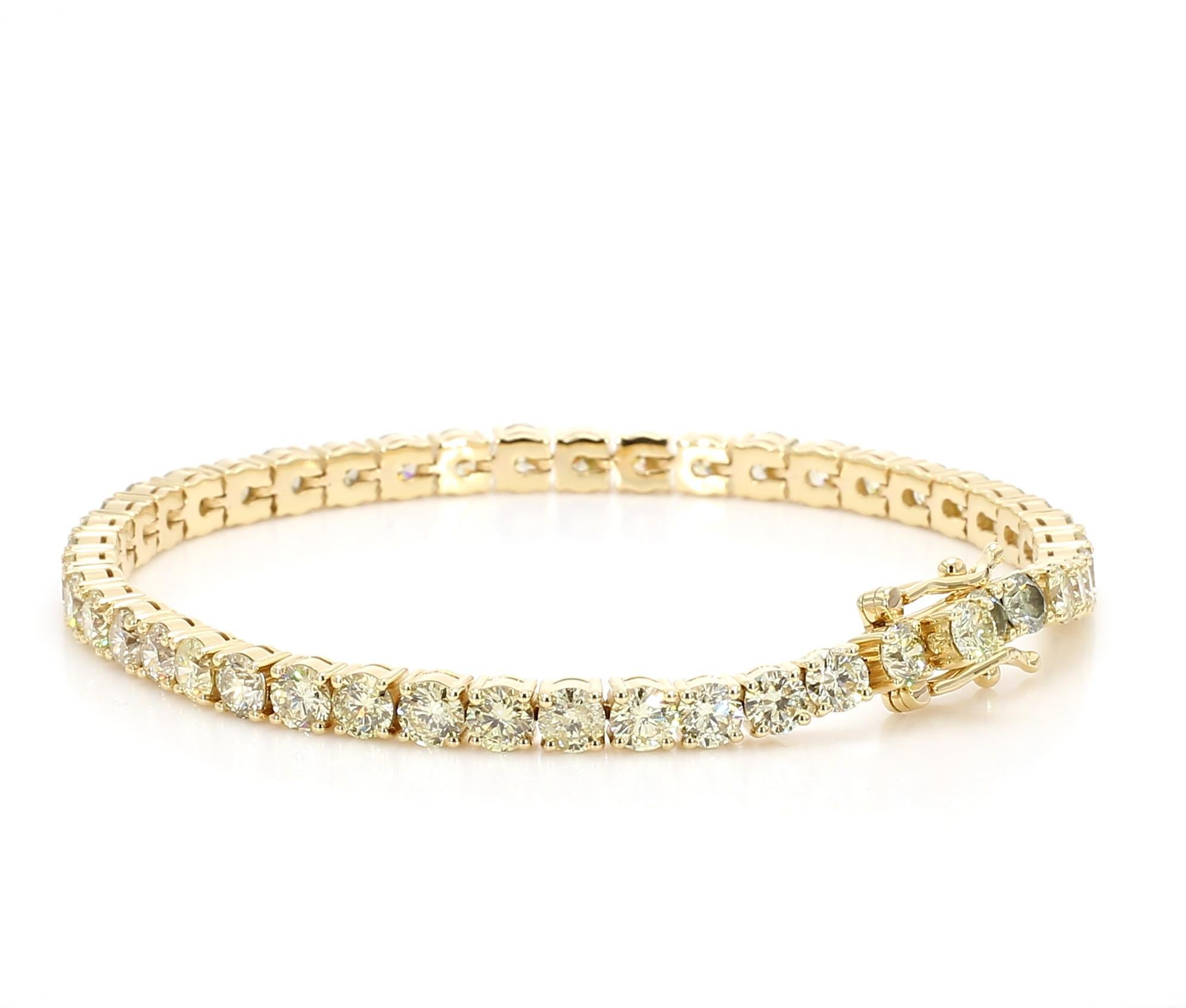 Round Cut Natural White Round Diamond 8.94 Carat TW Yellow Gold Tennis Bracelet For Sale